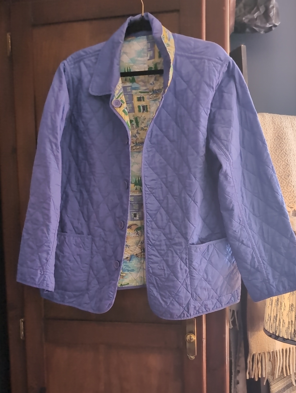 Quilted Utility Jacket in Periwinkle Blue with Printed Lining (Reversible)